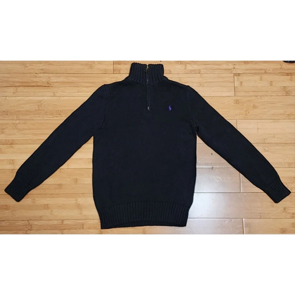 Polo Ralph Lauren Sweater Boy Medium 10-12 Black 1/4 Zip Mock Purple Pony Preppy